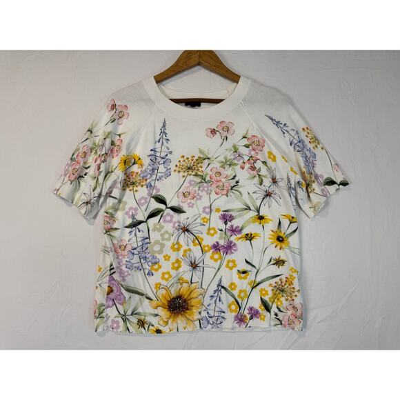 Talbots Cream Floral Print Short Sleeve Knit Sweater Large Spring Wild Flowers - Picture 2 of 5
